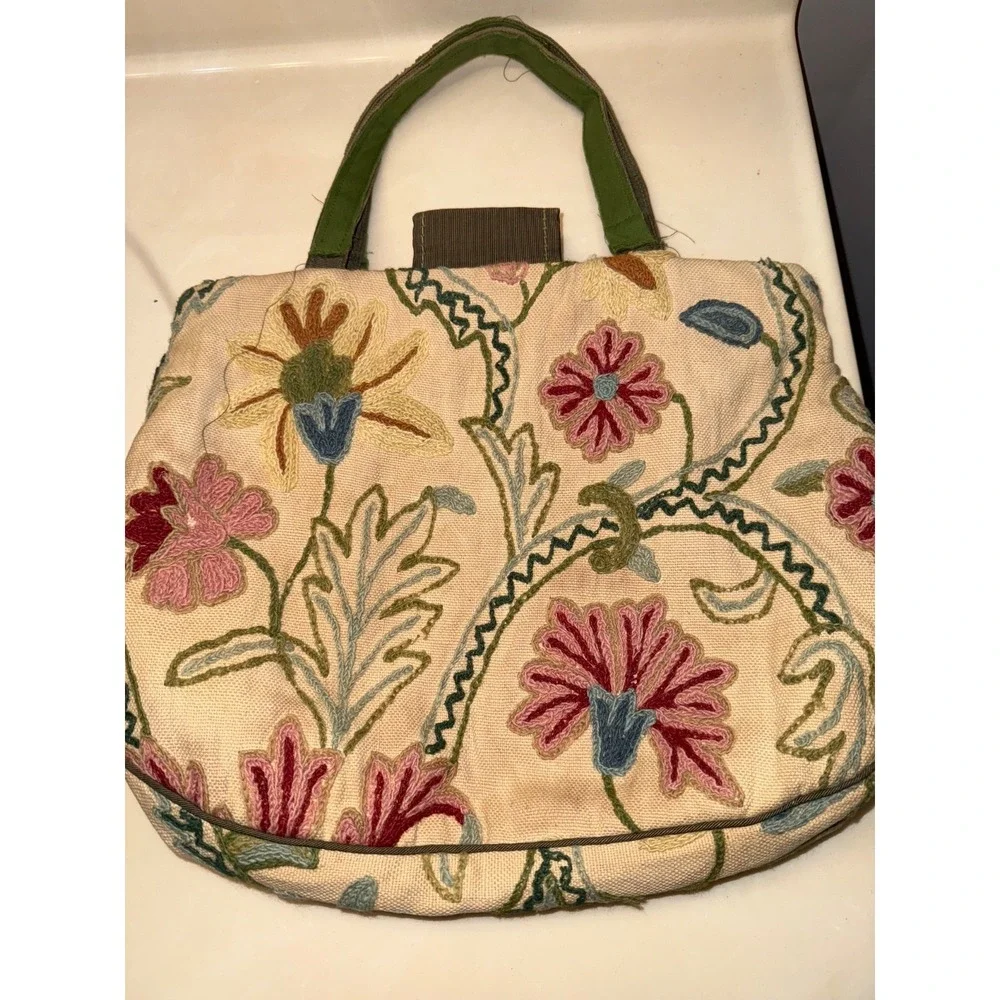 Vintage Floral Tapestry Accordion Purse Handbag, Green Cloth Handles